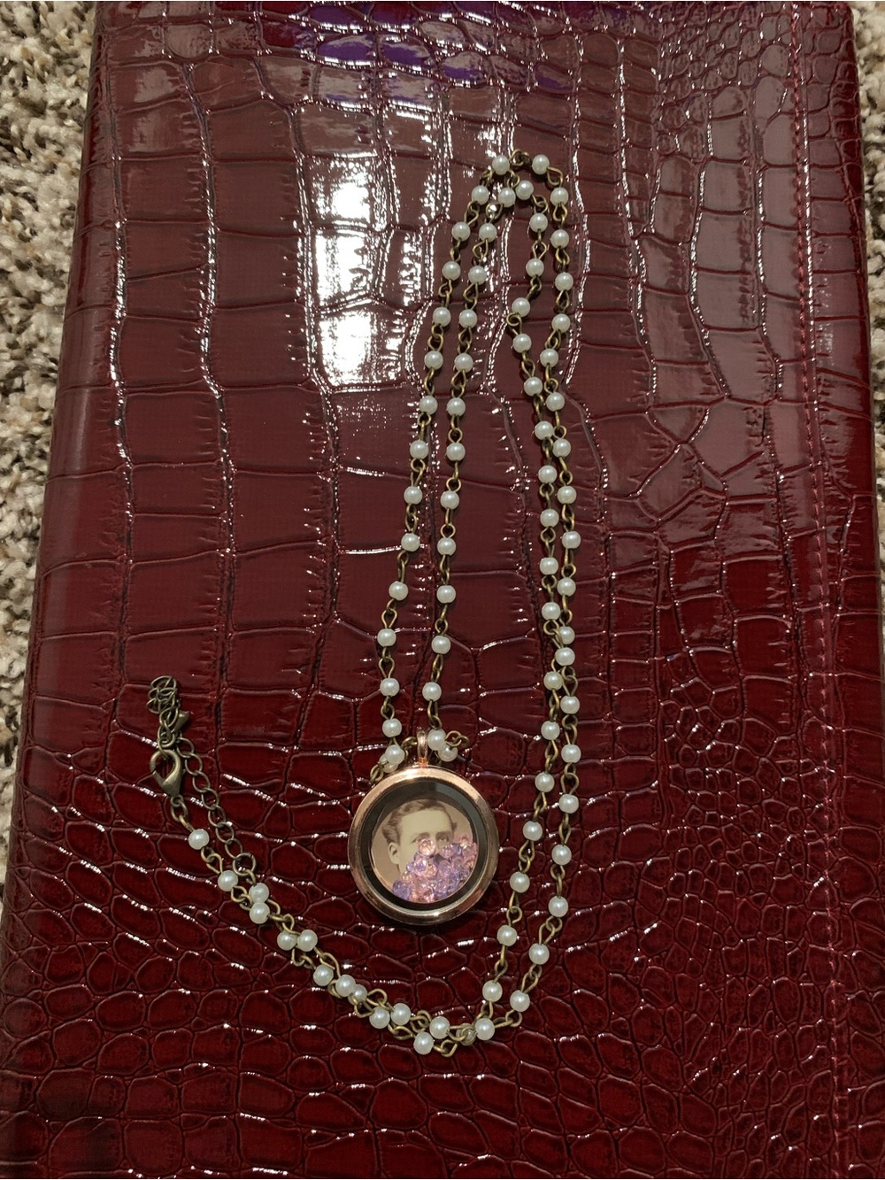 Pearl Beaded Locket Necklace with Pink Accent